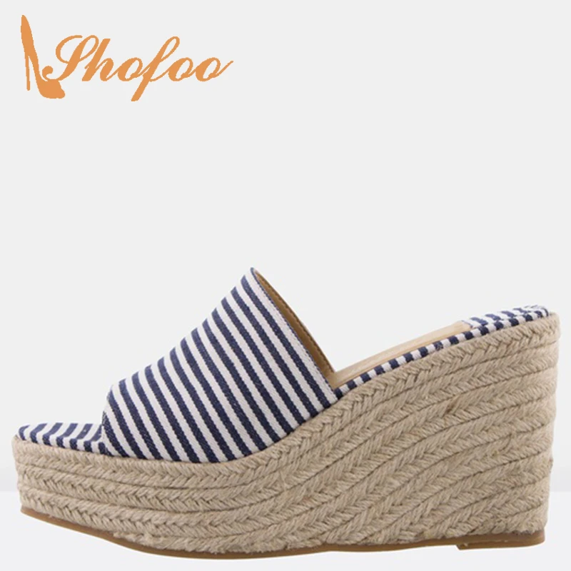 

Blue Gingham Espadrilles High Wedges Heels Mules Platform Sandals Woman Outside Slides Ladies Dress Shoes Big Size 30 33 Hoilday