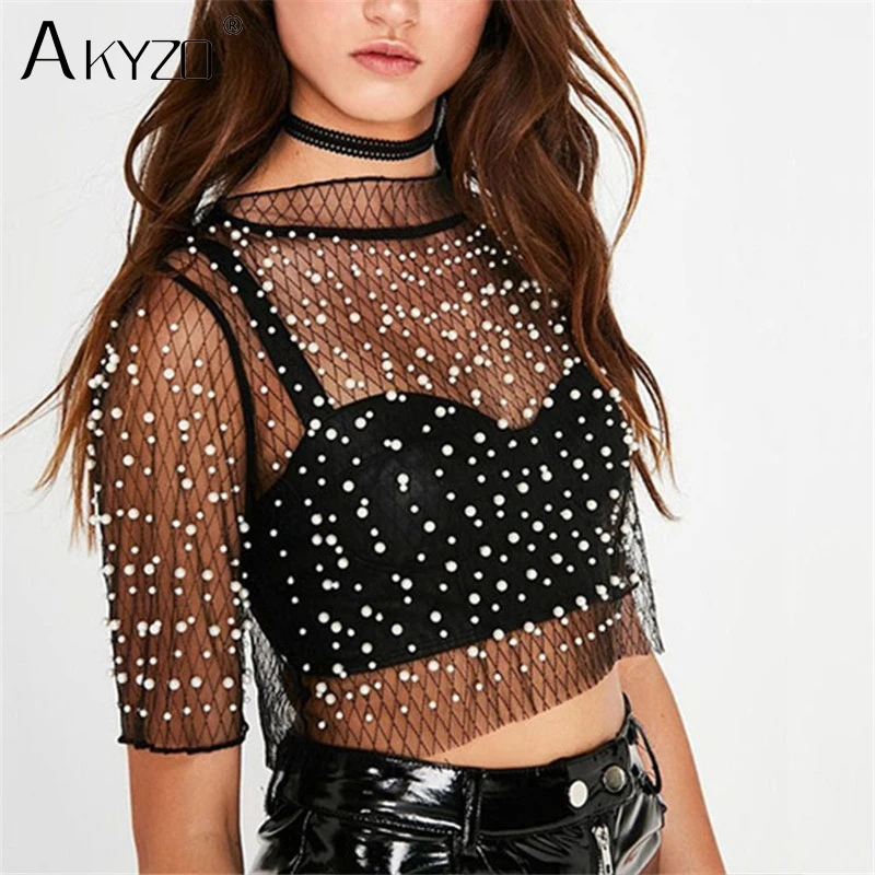 AKYZO Black Transparent Mesh Plaid Beads T Shirt Women European ...