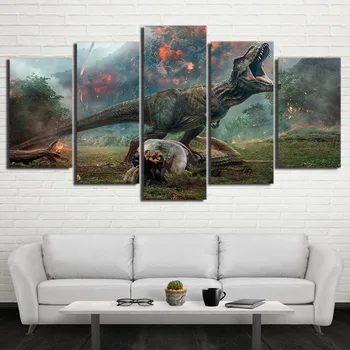 

HD Printed 5 Piece Canvas Art Jurassic World 2 Volcanic Eruptions Canvas Prints Dinosaur Wall Pictures For Kids Room Decoration