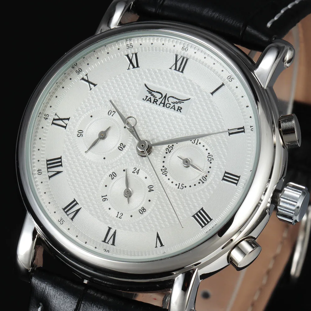 

Luxury JARAGAR Automatic Mechanical Self-Wind 24 Hour Week Date Solid Roman Index Dial Leather Men Watches