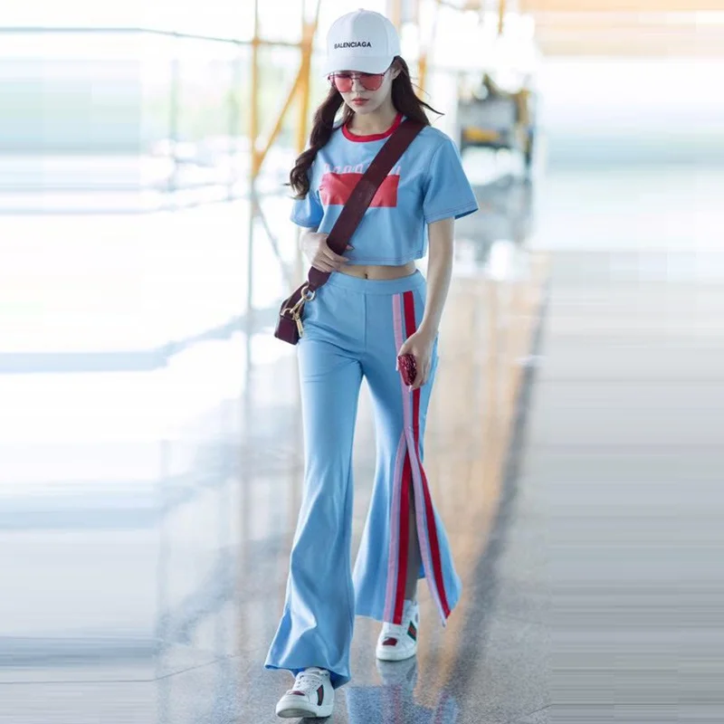 

Two Piece Set Women Casual Crop Top Pant Sets 2018 New Korean style Summer Fashion Elegant Stripe Split Wide Leg Pants Suits