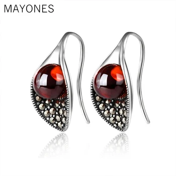 

MAYONES S925 Sterling Silver Red Garnet&Green Agate Earring for Women Wedding Party Luxury Vintage Thai Silver Jewelry