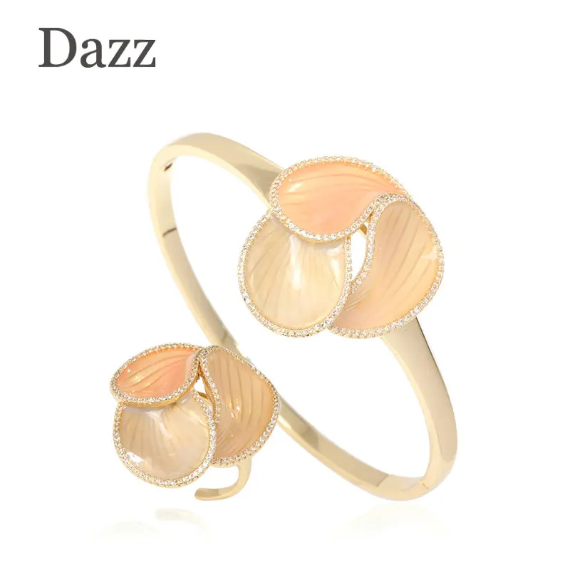 

Dazz Fashion Big Flower Fine Enamel CZ Zircon Gold Color Copper Ring Bangle Set For Women Bride Wedding Party Jewelry Sets Gifts