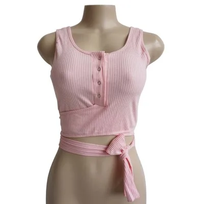 Sexy Crop Top Women Bandage Button Tank Tops Cropped Feminino Tee Top - Color: Pink