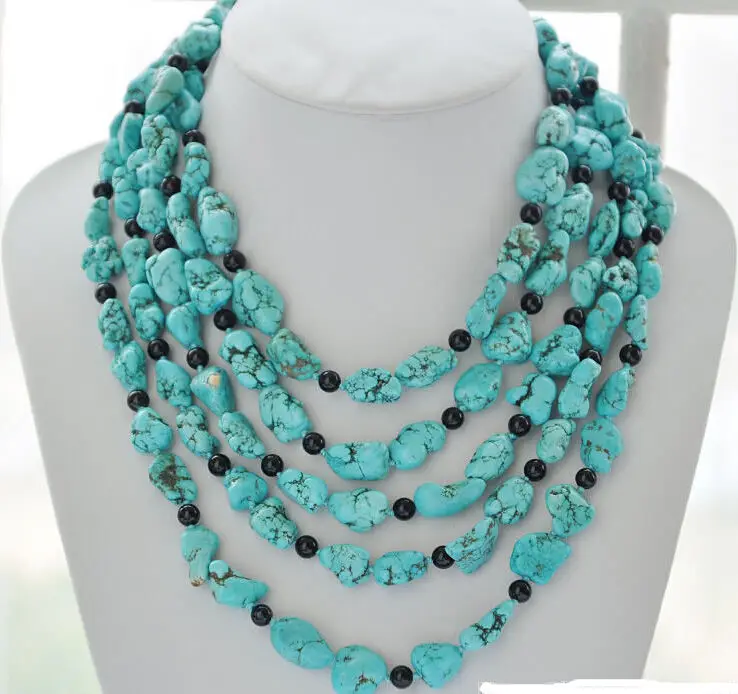 

FREE SHIPPING>> long 14X18mm original blue turquoise black agate bead necklace 100inch