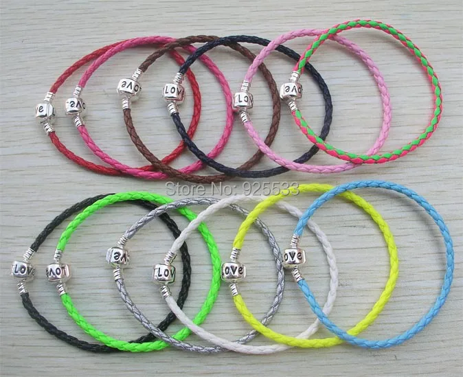 

Free shipping 12pcs/lot silver plated copper clasp mix color pu leather bracelets fit European bracelets DIY