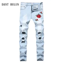 DANT BULUN, новинка, мужские рваные джинсы с вышитыми цветами и розой, мужские Стрейчевые обтягивающие синие, черные джинсы с дырками, плюс штаны