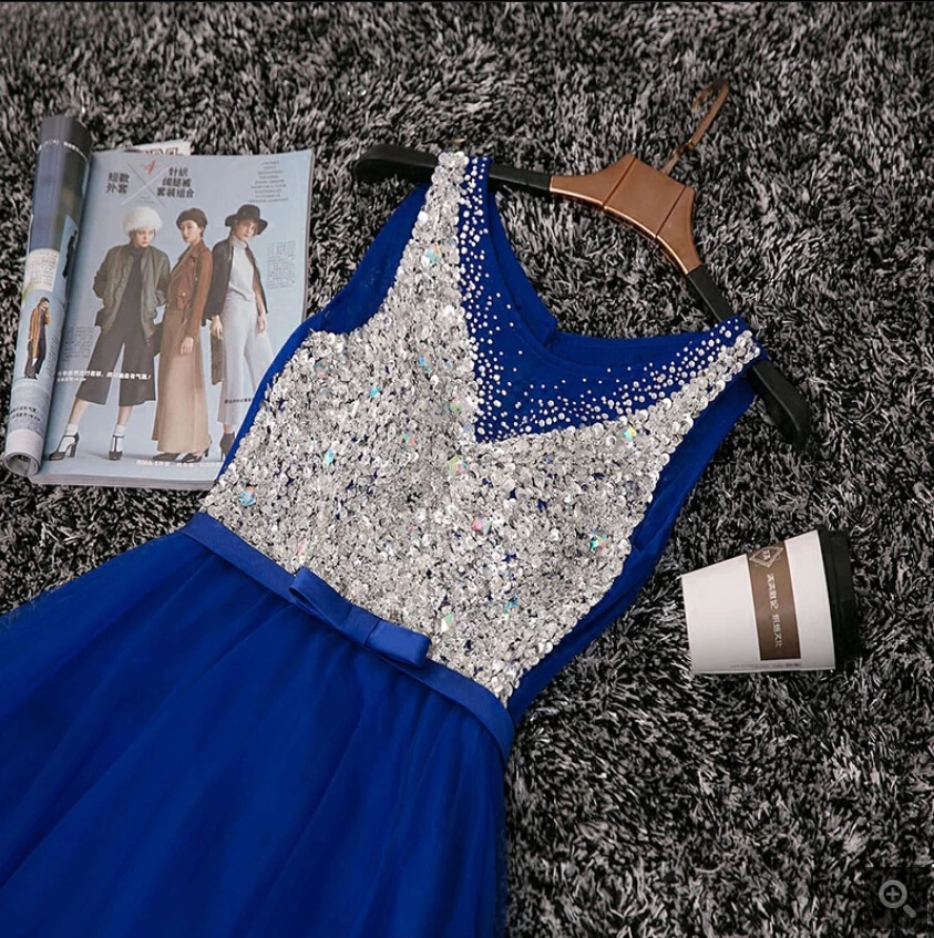 Vestido De Festa Королевский синий трапециевидный бисер кристаллы сверкающие вечернее