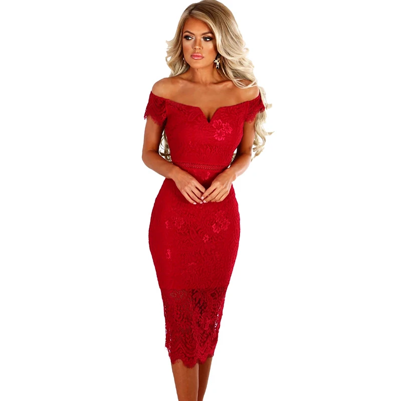 Red lace midi dress with sleeves