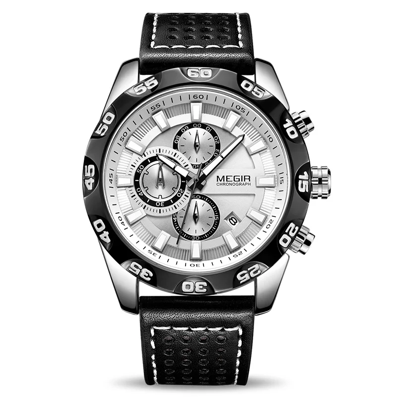 Для мужчин s часы лучший бренд класса люкс MEGIR Хронограф Спортивные кварцевые часы для мужчин часы кожа наручные часы Relogio Masculino Reloj Hombre - Цвет: Silver