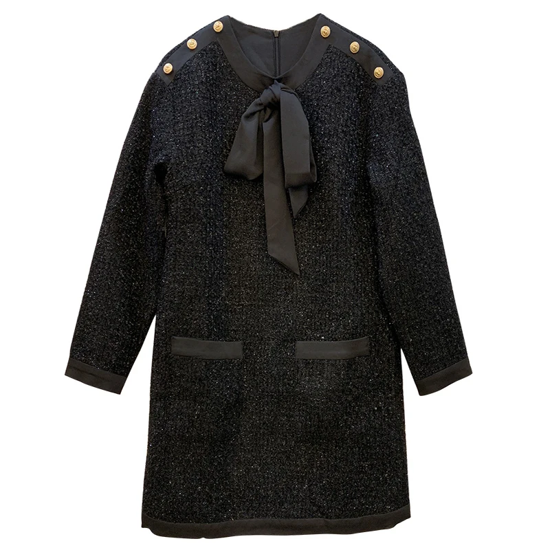 

KENVY Brand fashion women's high-end luxury spring elegant black bow long-sleeved Dress