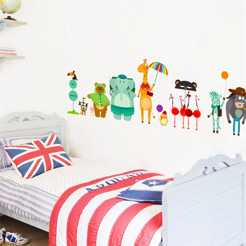 

* Elephant Bear Zebra Giraffe Wait For Bus Cute Forest Animals Wall Stickers Sticker Decorative Home Decor For Kids Baby Nursery