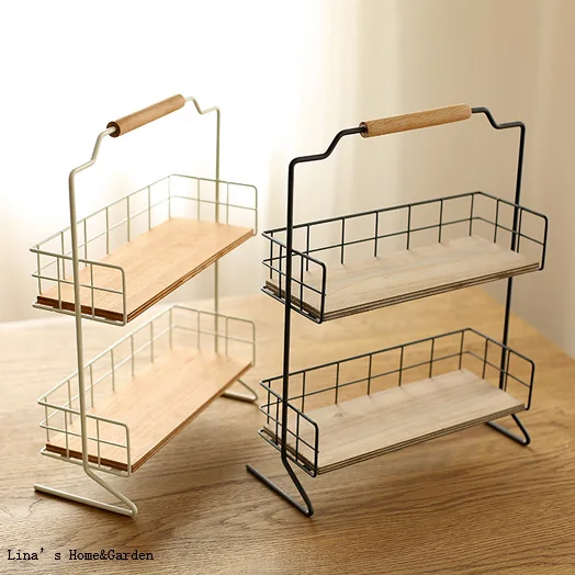 

2 tier tabletop stand wood metal mini home shelf organizer