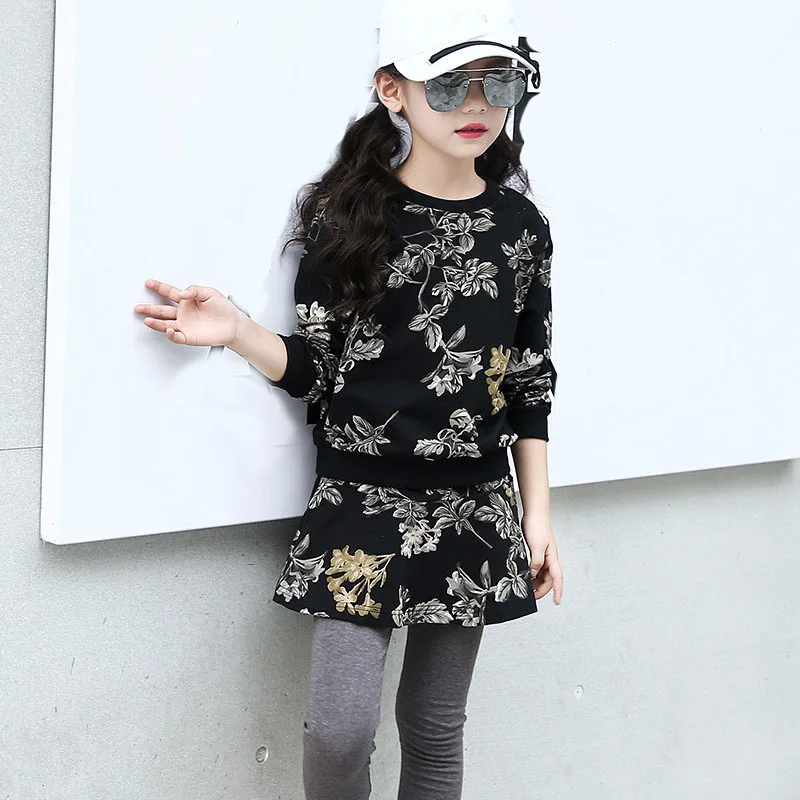 

floral flower print children girls clothes sets spring 2018 autumn kids suits outfits coat +pants with skirts girls clothing set