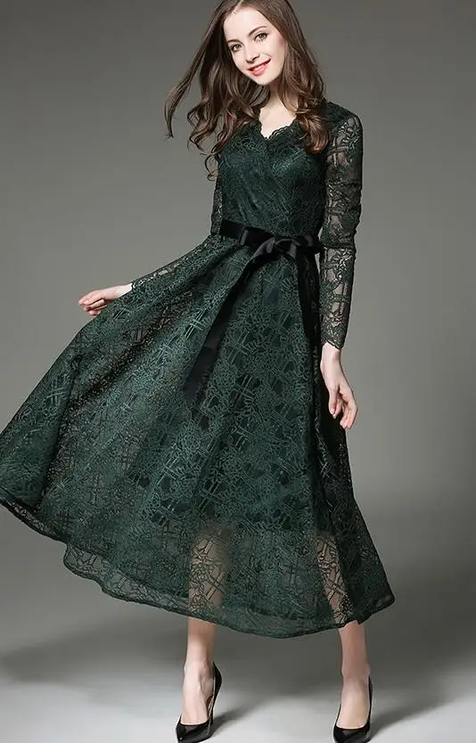 

Free Shipping 2017 Vogue Style Deep V Collar Long Sleeve Plus Size S-XXL Lace Splicing Lady Dress Green With Belt