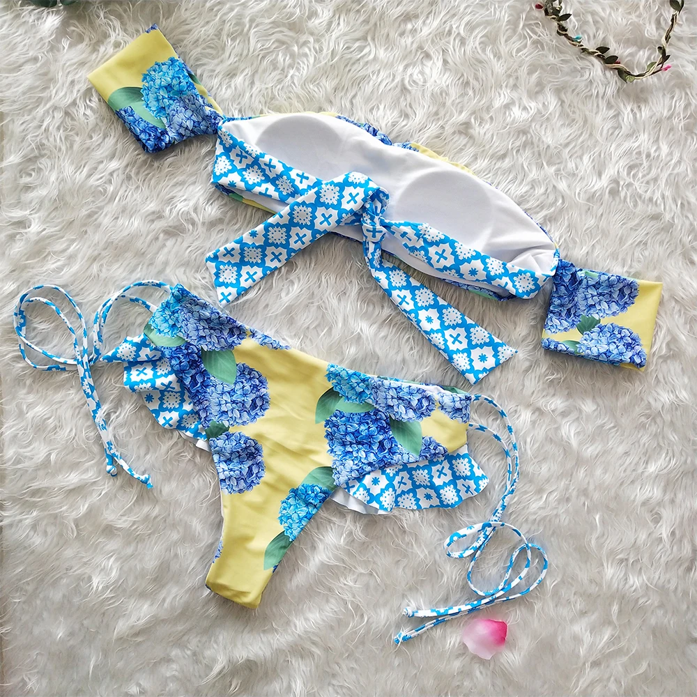 

LAMBDA Women Bikini Summer Swimwear Sexy Flower Printed Thong Bra Bikinis Beachwear Brazilian biquini Low Waist Woman Swimsuit