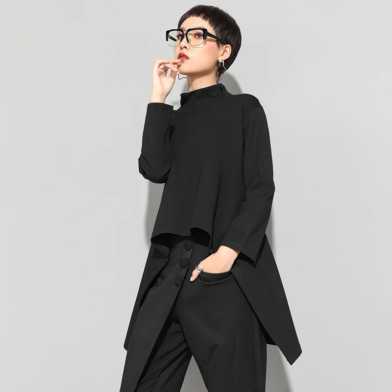 XITAO, винтажная черная футболка с черепаховым вырезом, женская, плюс размер, Kawaii, повседневная, с длинным рукавом, неровные топы, Корейская одежда, новинка ZLL1177
