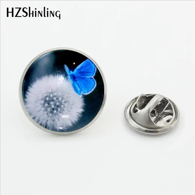 Nova moda borboleta lapela pinos artesanal cúpula de vidro borboleta e dente de leão broche de casamento de aço inoxidável lapela pino