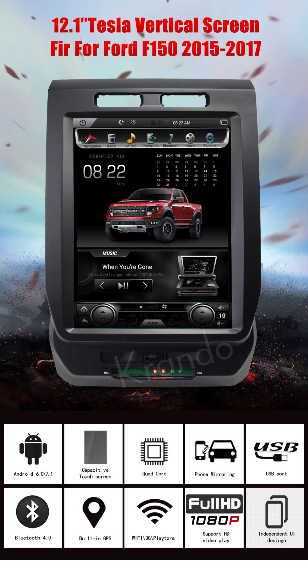Clearance Krando Android 6.0 12.1" Tesla Vertical touch screen car dvd gps  for FORD F150 2015-2017 gps radio navigation multimedia system 0