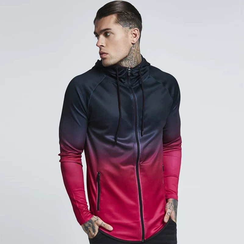 Новая Осенняя Куртка для бега Для мужчин с длинным рукавом Фитнес кофты градиент Толстовки с капюшоном тренажерный зал спортивная куртка джоггеры спортивная рубашка