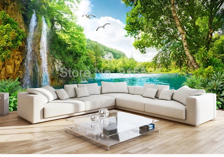 Пользовательские 3D настенные росписи обои домашний декор Зеленый Горный водопад природа пейзаж 3D фото обои для гостиной спальни
