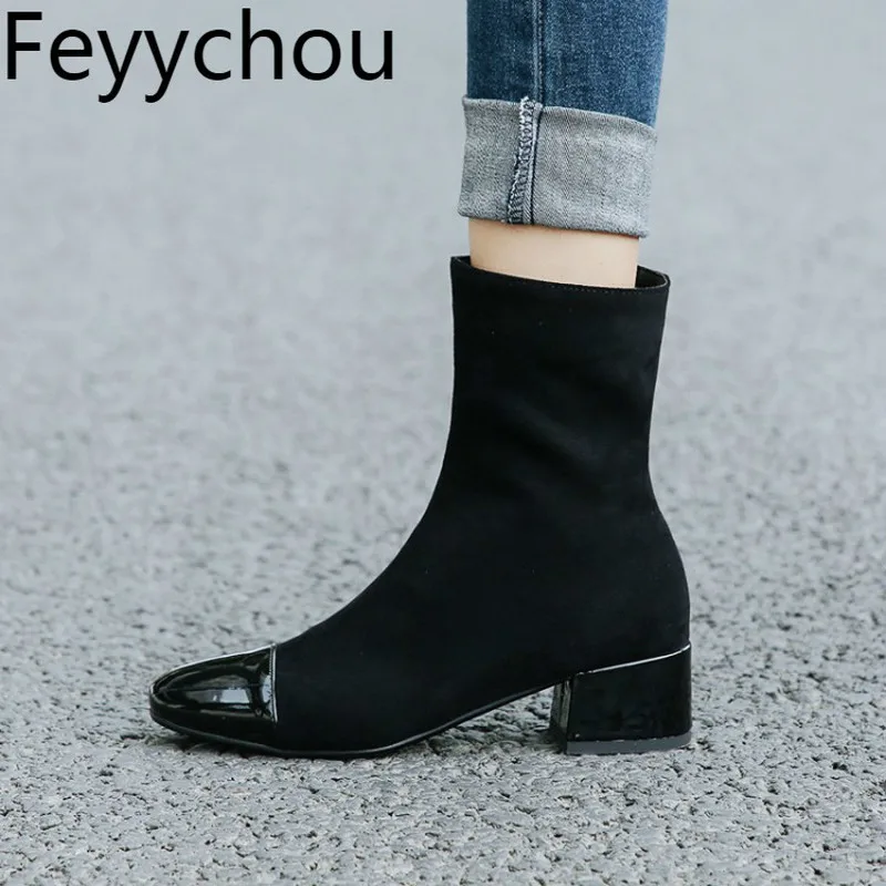 

Women Boots Autumn Winter Med Heel Warm Mid-Calf Zip Socks Boots Mixed Colors Square Toe 2018 Flock Sexy New Fashion Casual