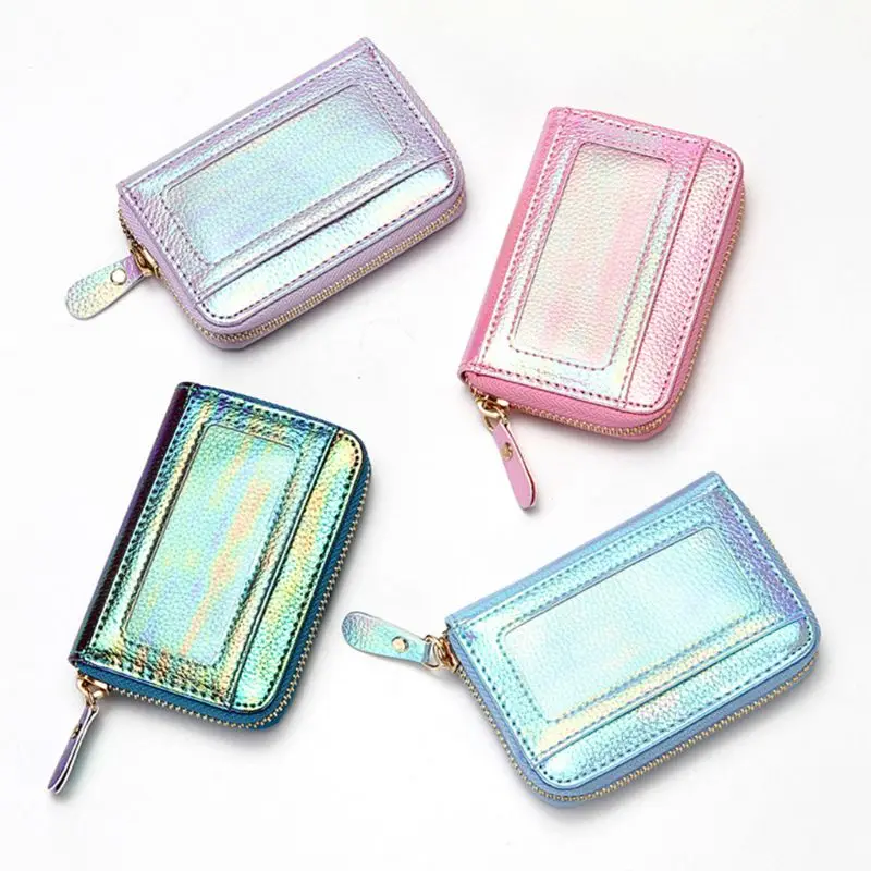 Women Hologram PU Leather Credit Card Holder Purse with RFID Protector Small Zip Around Wallet