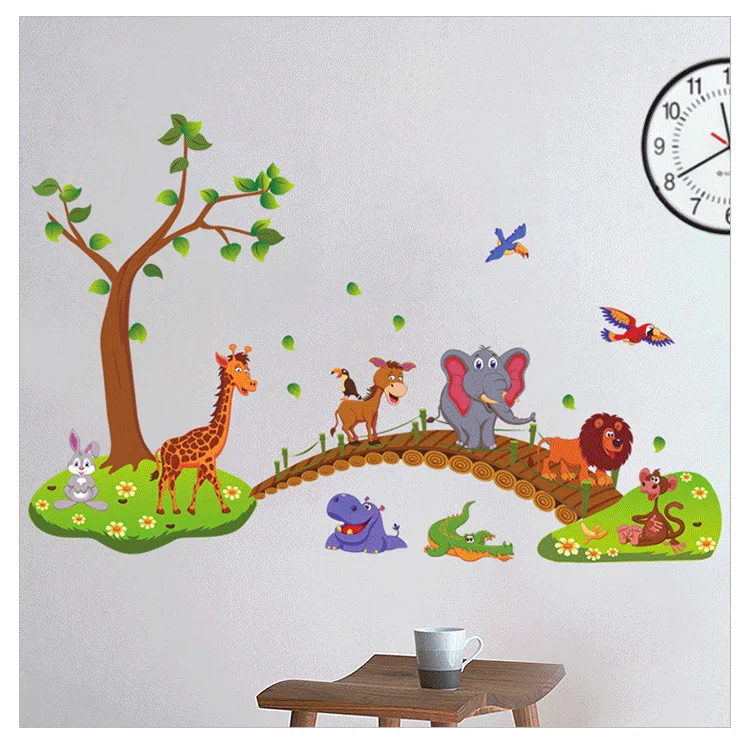 Jungle Animals Zoo wooden bridge Wall Stickers kids Decal Removable