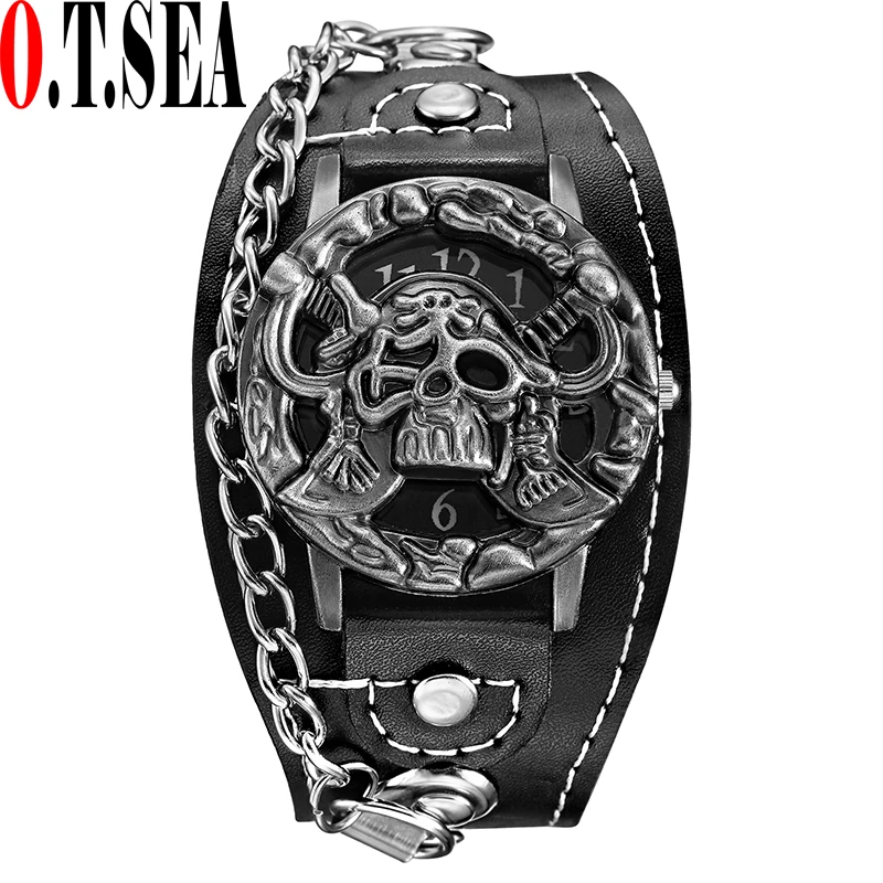 

Hot Sales O.T.SEA Brand Pirates Skull Leather Watch Men Fashion Sports Quartz Wrist Watch Orologio Uomo 1831-6