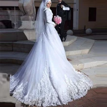 White Plus Size Hijab Wedding Dresses 2017 High-Neck New Arrival Shiny Beading Muslim Wedding Gowns Long Sleeve Sweep Train