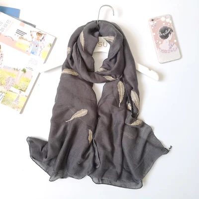 Marte& Joven модный шарф с золотыми перьями и вышивкой, черный/белый шарф для женщин, роскошный брендовый мягкий шарф из полиэстера на весну/лето - Цвет: Темно-серый