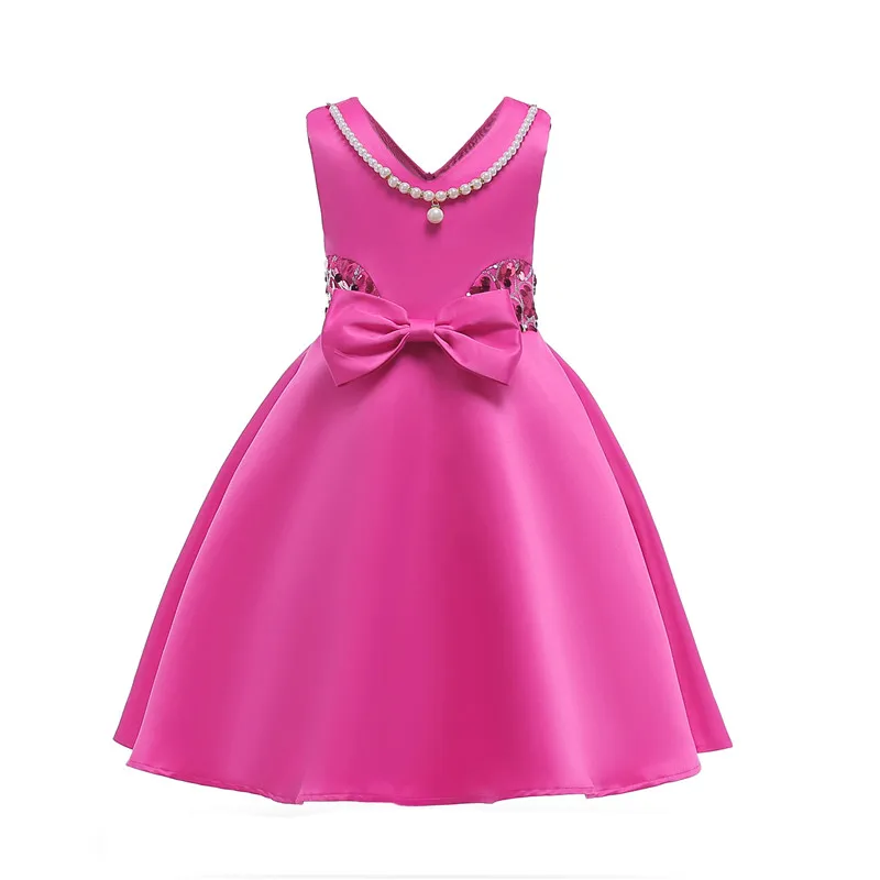 New Solid Sequined With Bow Girls Sleeveless Dresses Small& Middle Child Princess Dress Formal Wedding Dresses01