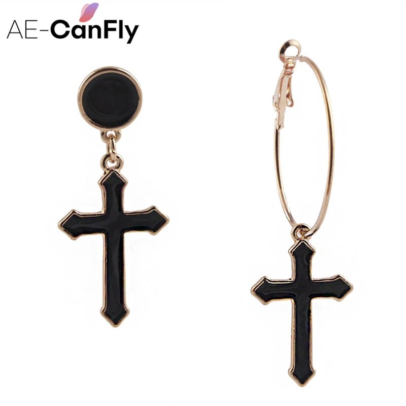 

AE-CANFLY Girls Black Cross Enamel Dangle Earring Irregular Design Drop Earrings for Women 1A3015