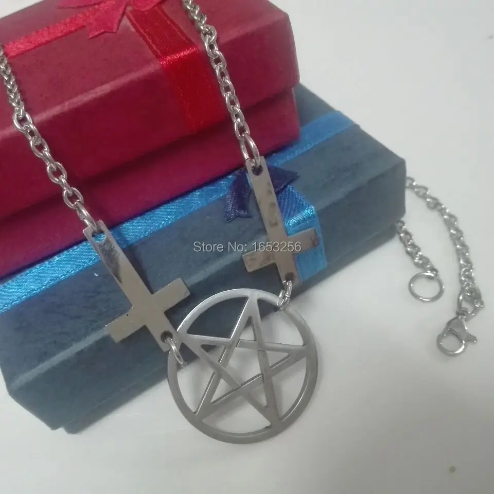 2" серебро Нержавеющая сталь перевёрнутый крест и пентаграмма ожерелье-готика deathrock стимпанк Байкер satanic