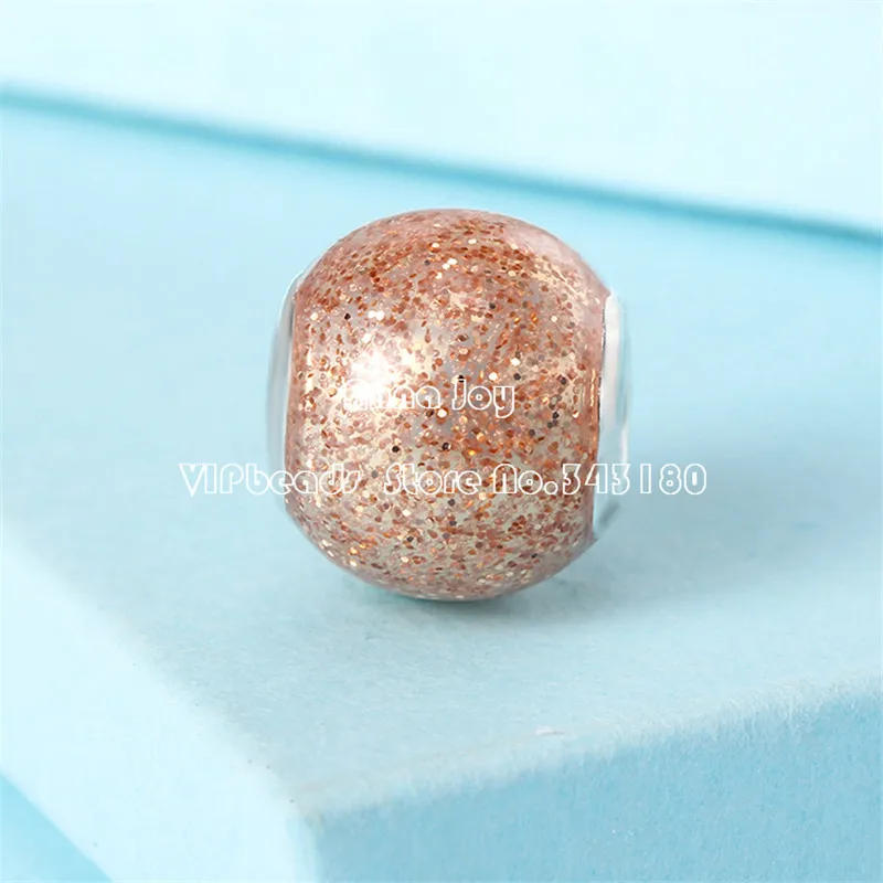 925 Sterling Silver Glitter Ball beads With Rose Golden Glitter Enamel