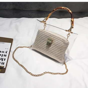 

LEFTSIDE Transparent Bag For Women 2020 Handbag With Bamboo Handle Summer Small Chain Crossbody Bags Ladies Straw Beach Bags
