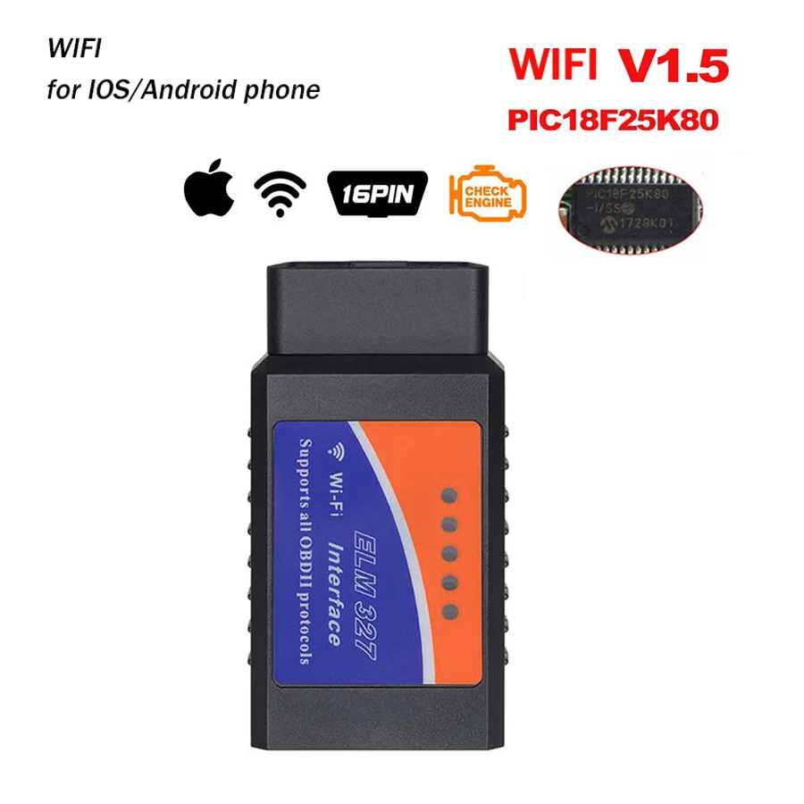 PANDUK ELM327 V1.5 Bluetooth/wifi автомобильный диагностический инструмент чип PIC18F25K80 Obd2 сканер для автомобиля считыватель кодов работа Android/IOS 12 В - Цвет: WIFI V1.5