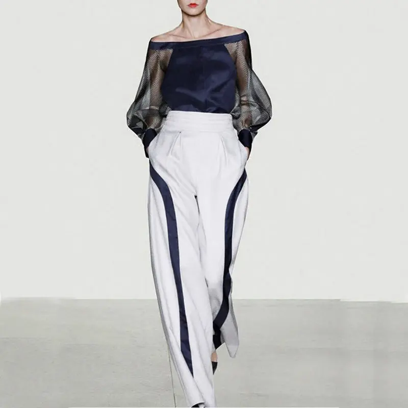 

Autumn 2018 Casaul Tracksuit Women 2 Piece Set long sleeve blouse And Pants Satin Striped Patchwork Sexy Sweatshirt Sweat Suit