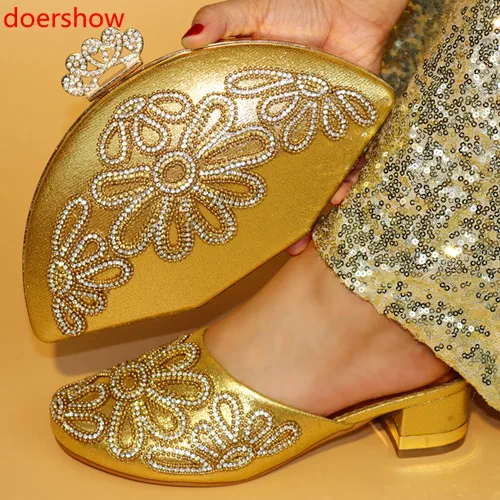 

doershow New Arrival gold African Shoes And Bag Set Italy High Heels Italian Design Shoes With Matching Bag For party!BYY1-8