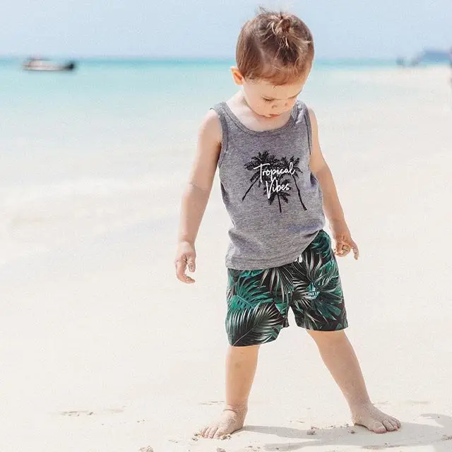 

2019 New Toddler Kids Baby Boy Casual Clothes Letters Print Sleeveless Top Vest + Coconut Leaf Shorts Summer Outfit Set 1-6Y
