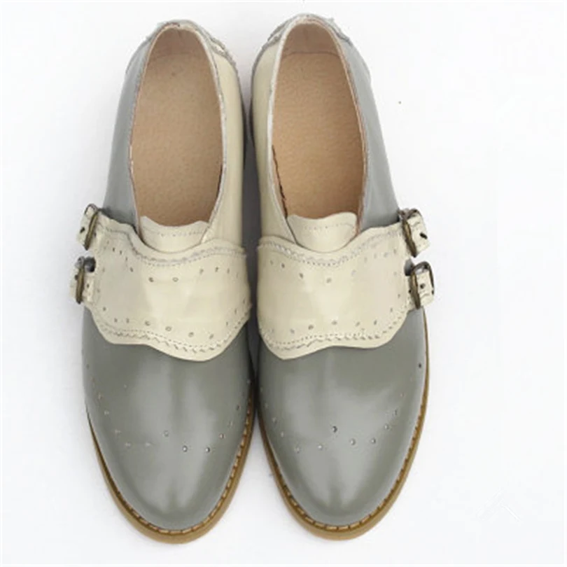 Женские дизайнерские винтажные туфли на плоской подошве из коровьей кожи; большие американские размеры 9; женские оксфорды ручной работы с круглым носком; цвет черный, белый; на меху - Цвет: grey beige