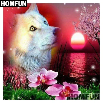 

HOMFUN Diamond Painting Full Square/Round Diamond "wolf & orchid" Pattern Embroidery Cross Stitch 5D Rhinestone Painting A00943