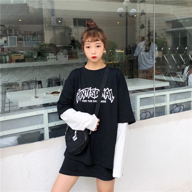 Футболки женские осенние шикарные Harajuku футболки с длинным рукавом женские корейские с буквенным принтом BF Свободные Лоскутные поддельные Женские топы из двух частей