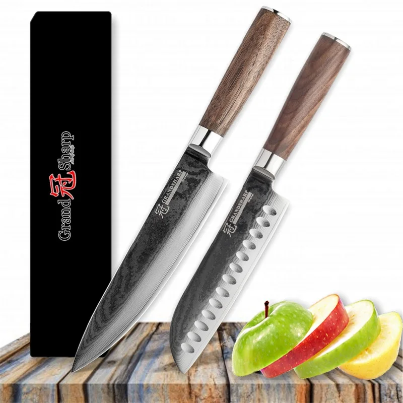 

Grandsharp 2 Pcs Kitchen Knife Set Damascus Chef Santoku Knife Japanese Damascus VG10 Steel Kitchen Knife Stainless Steel Knives