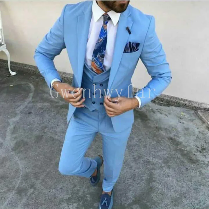 

Light Blue Prom Men Suits for Wedding Evening Party Groom Tuxedos Slim Fit Terno Masculino Custom Made Costume Homme 3 Piece