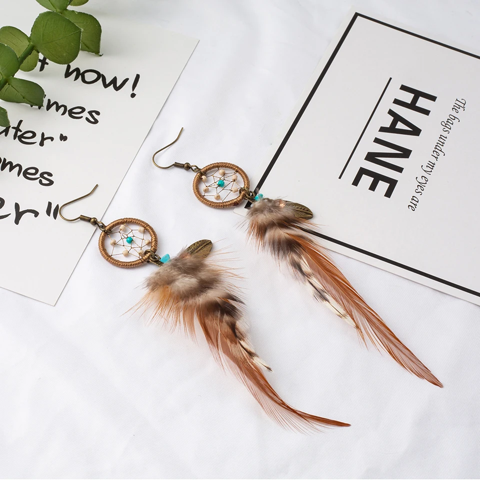 2019 Dream Catcher Alloy Feather Drop Earrings For Women Boho Handmade Fashion Long Feather Earring Charm Party Jewellery Gift