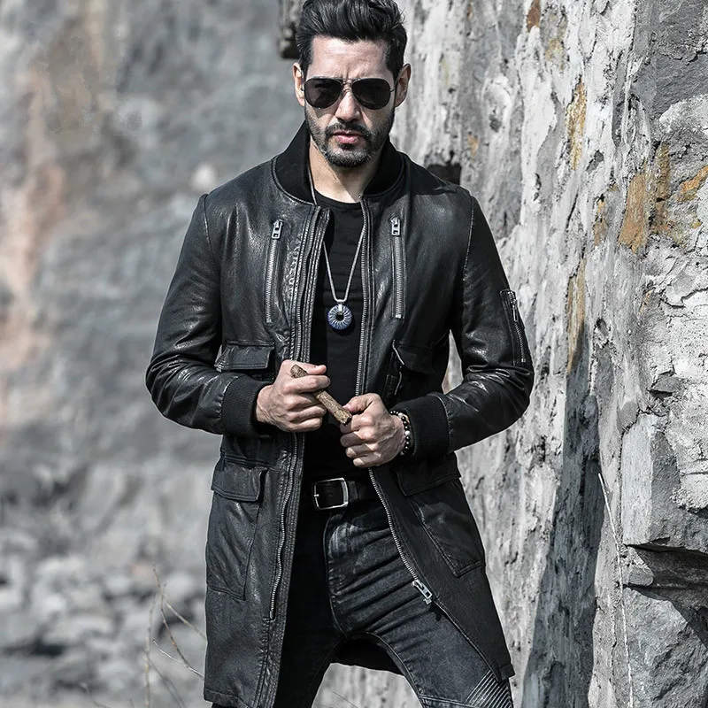 

men thin long genuine leather coat outerwear mid-length soft sheepskin man fashion coats tops clothes