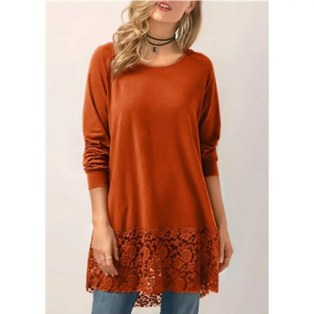 

Fashion Women Loose Casual Lace Loose Oversize Solid Long Sleeve Casual Tops T-Shirt