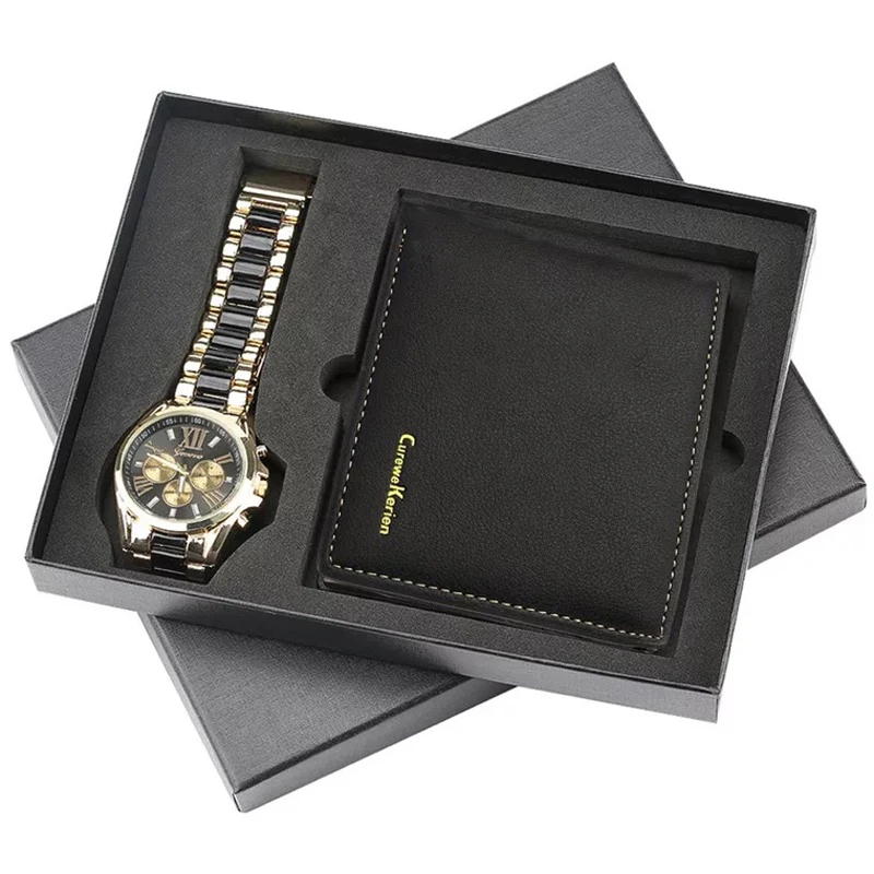

Men Watches 2Pcs Sets Steel Band Quartz Wrist Watch with Folding Clasp Leather Wallet Gift Set for Boyfriend for Father's Day Gi