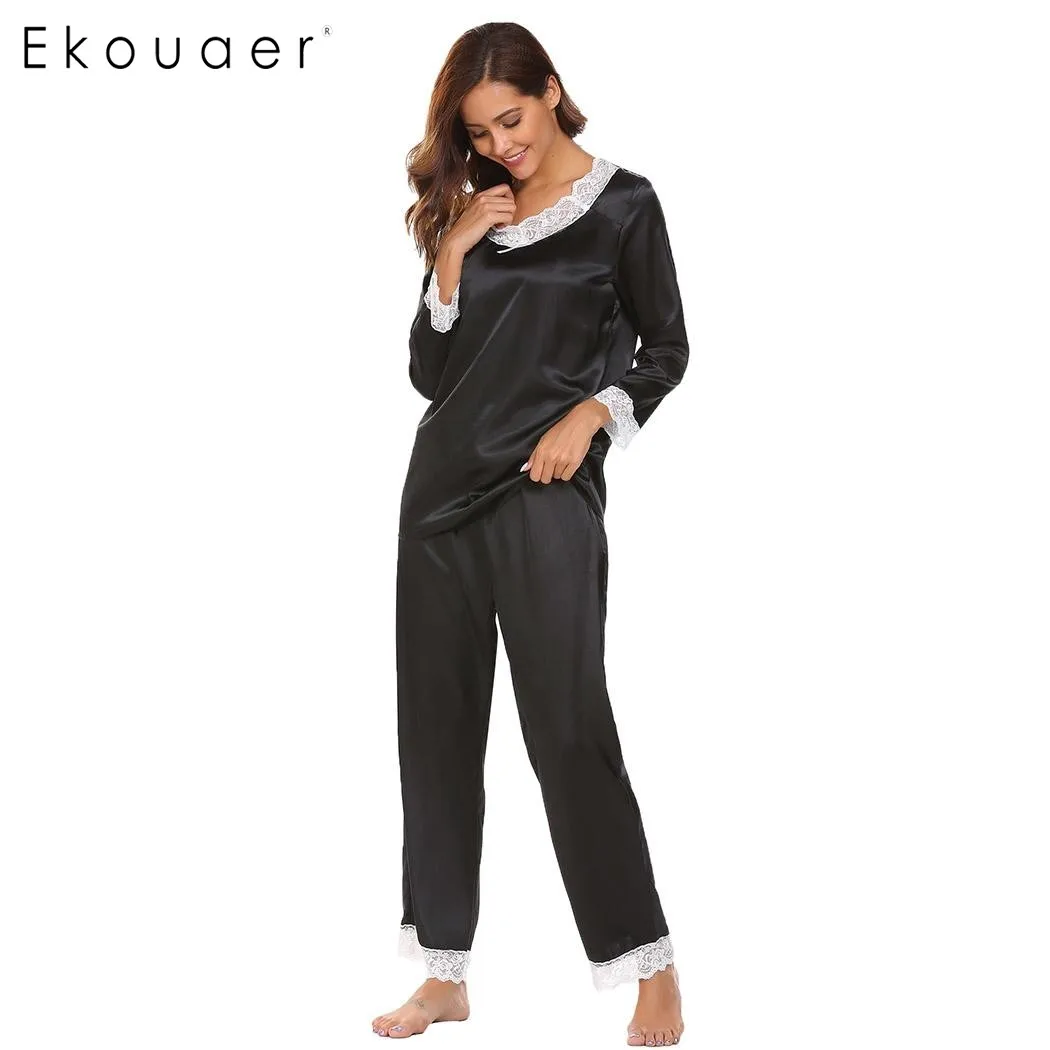 Ekouaer Lace Patchwork Pajamas Sets Women Elegant Lace Trimmed O Neck